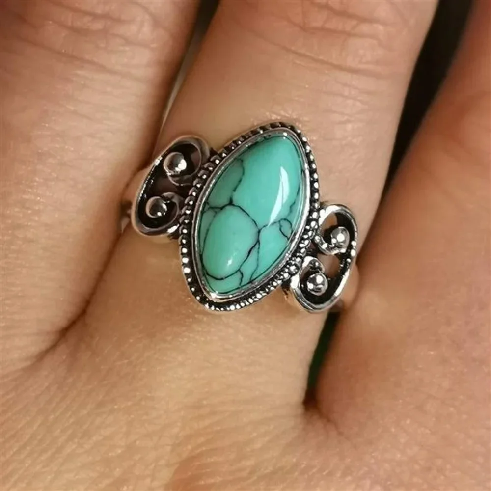 Vintage Handmade Women's Silver Ring‎ Marquise Cut Bohemia Turquoise Jewelry